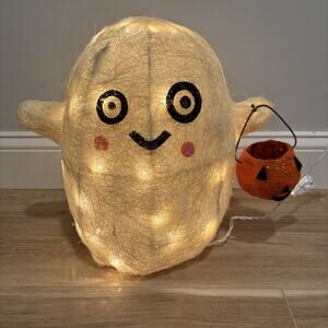 Halloween Light Up White Ghost With Pumpkin Basket Tested & Works 14x17”